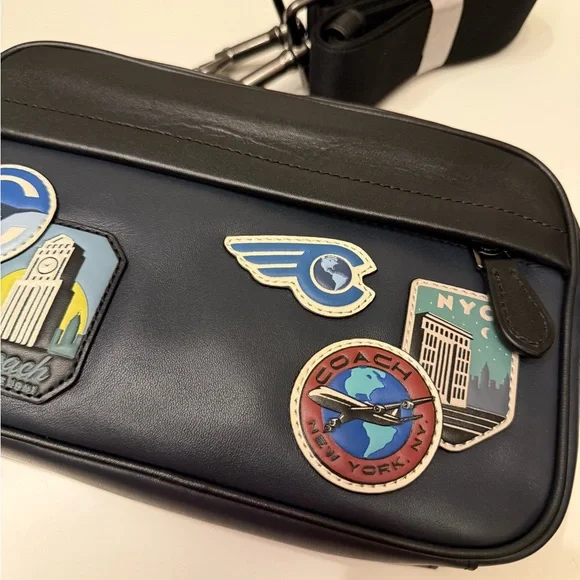 Coach Men’s Crossbody Bag with Travel Patchwork – Black/Navy Leather New! - Picture 8 of 9